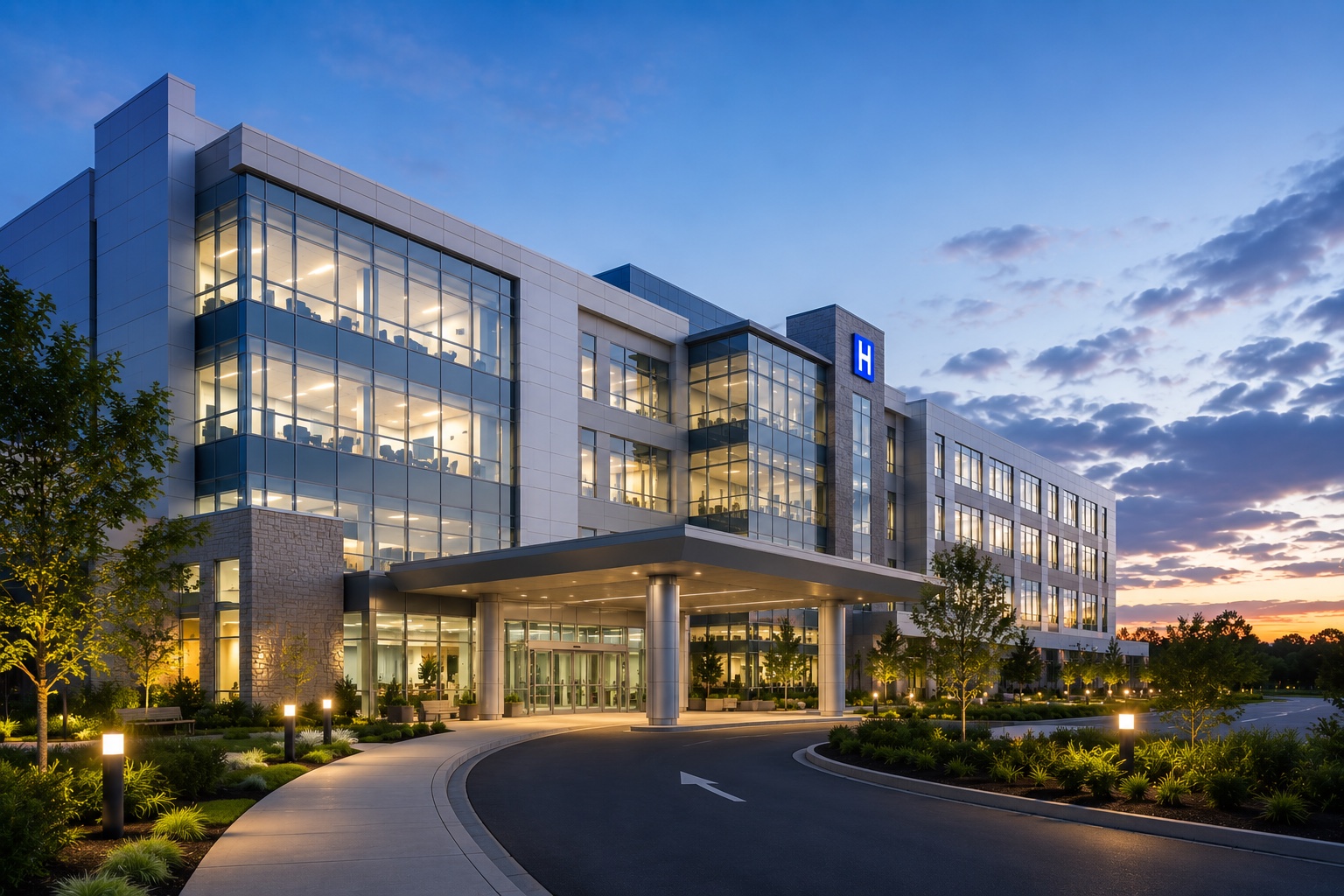 Modern hospital building exterior at dusk with warm interior lighting and glass facade